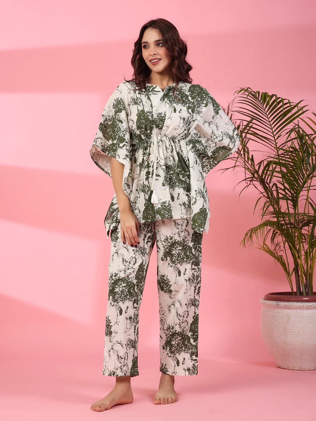 Gomachi Jungle Print Cotton Kaftan Night Suit