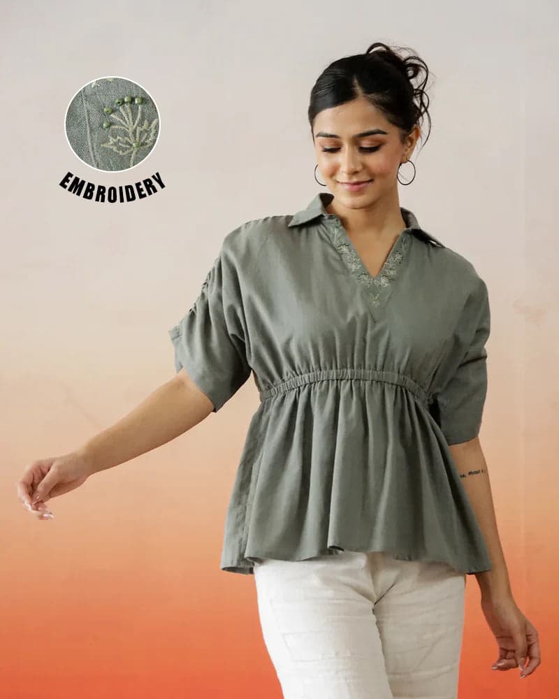 Gomachi Solid Print Cotton Embroidered Top