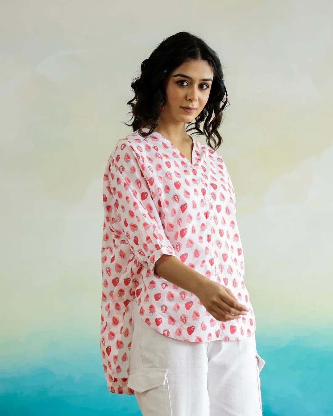 Gomachi Strawberry Print Cotton V-Neck Top