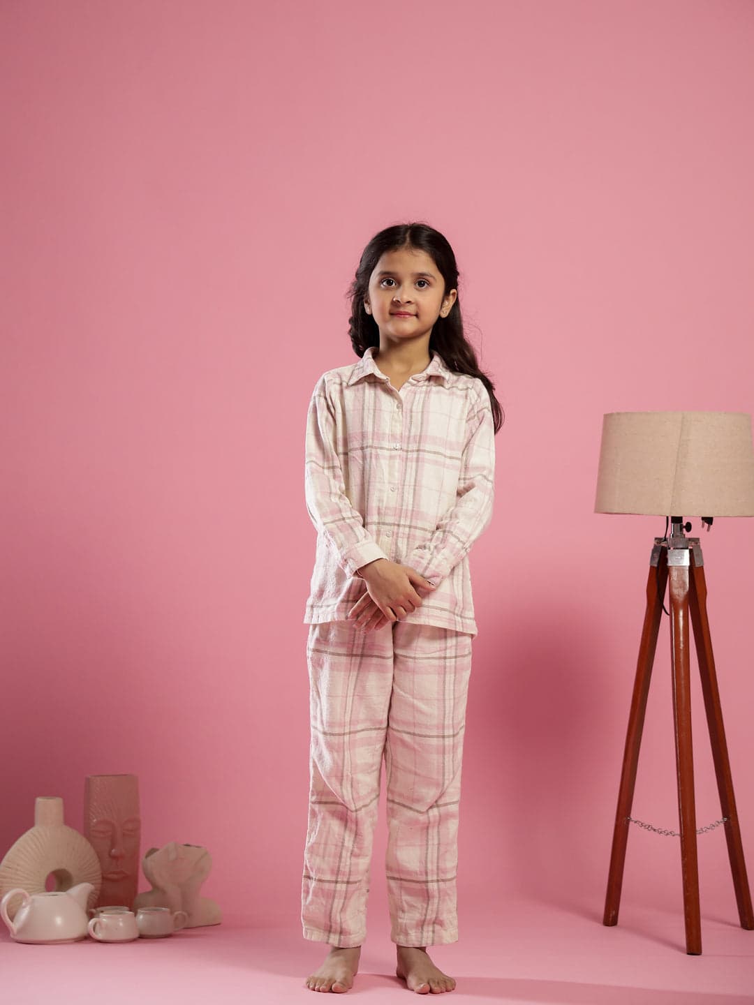 Gomachi Pink Checked Printed Cotton Winter Night Suit For Kids