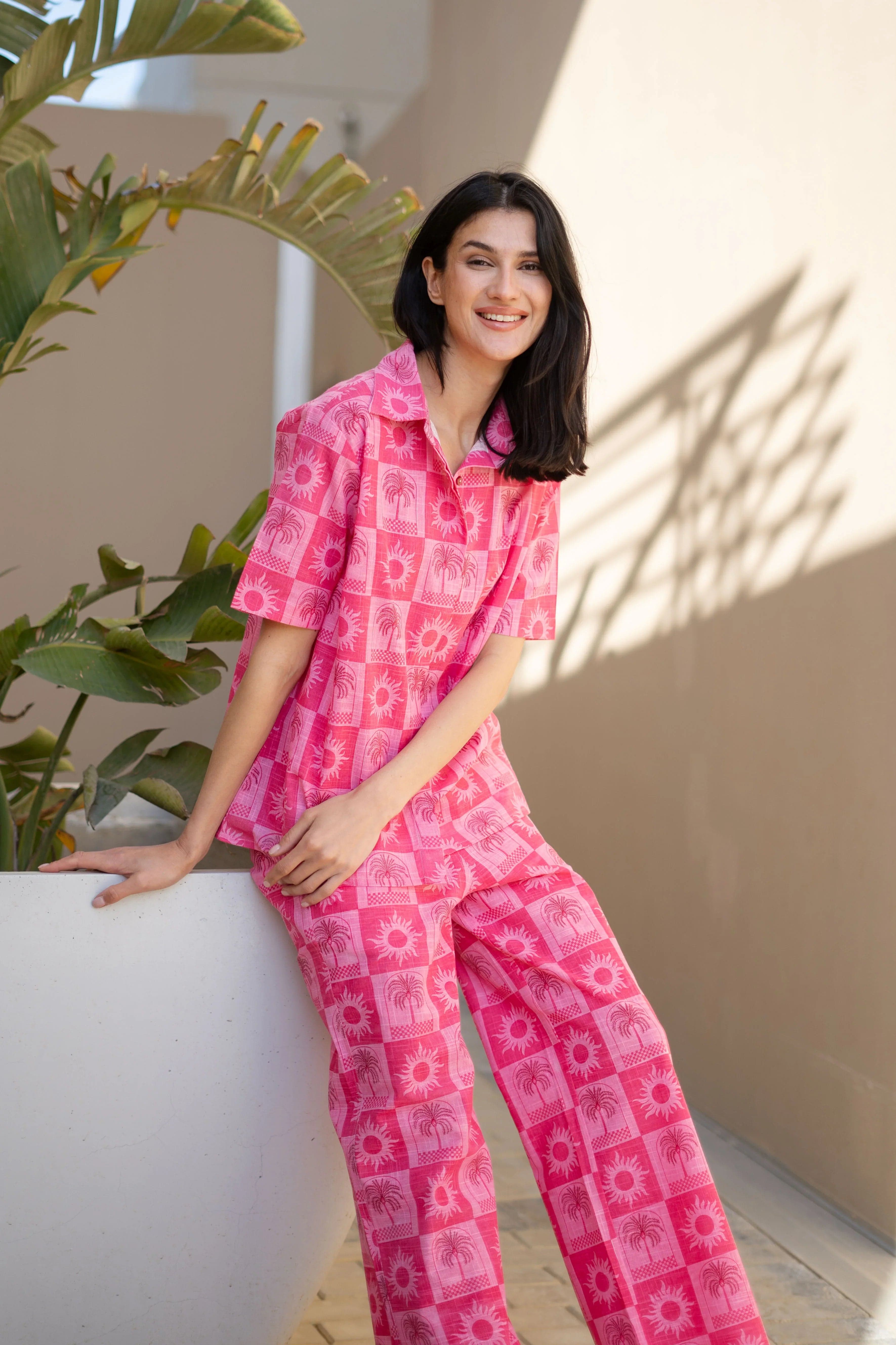 Gomachi Women's Pink Floral Printed Cotton Co-Ord Set