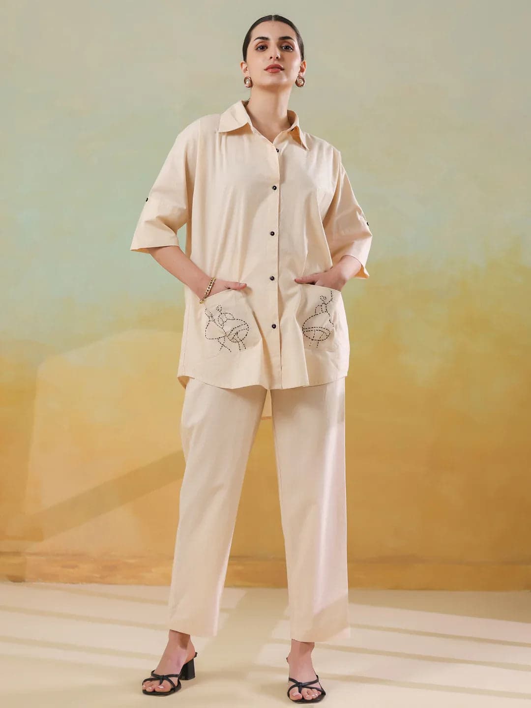 Gomachi Women's Cream Color Embroidered Co-Ord Set