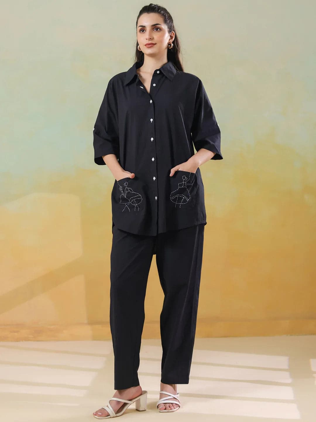 Gomachi Women's Black Color Shirt Collar Pure Cotton Co-Ord Set