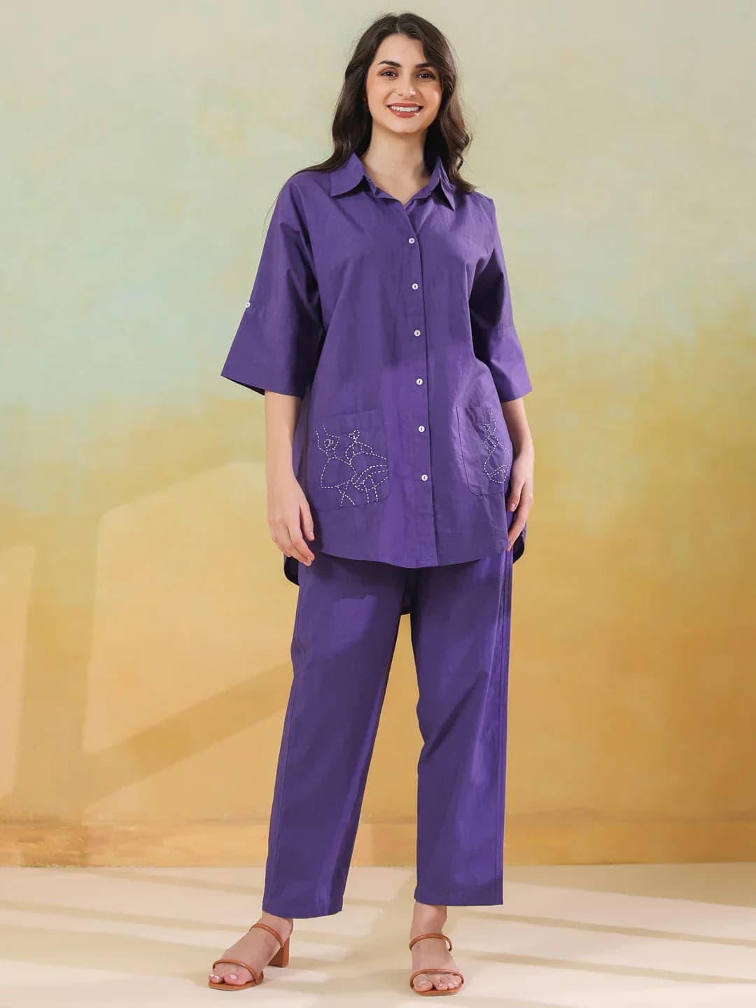 Gomachi Women's Purple Color Shirt Collar Pure Cotton Co-Ord Set