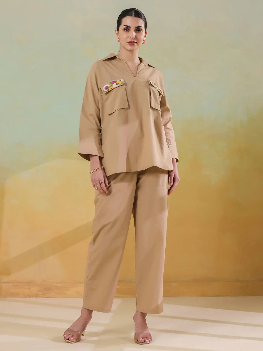 Gomachi Women's Cream Color Shirt Collar Polyester Co-Ord Set