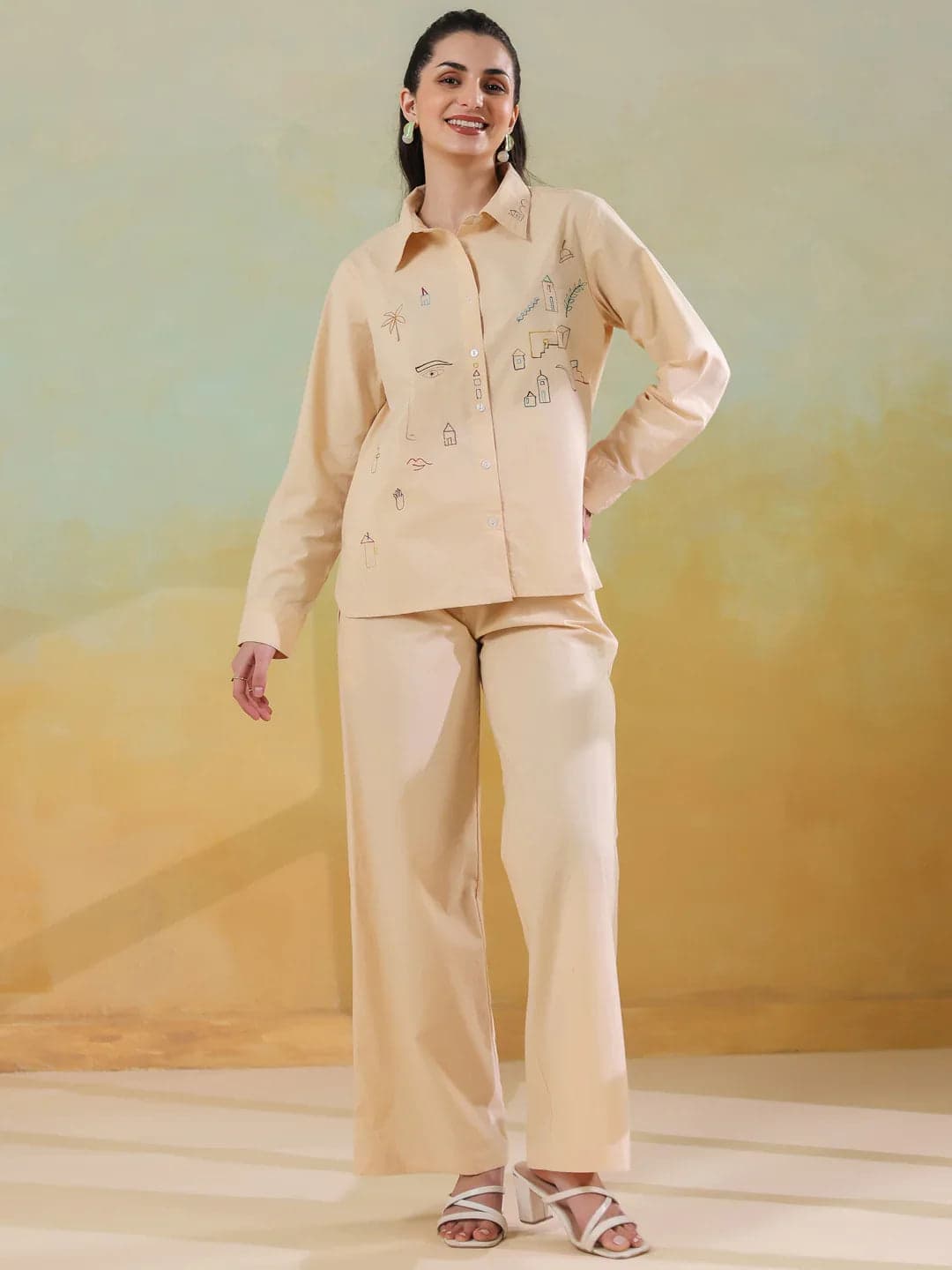 Gomachi Women's Cream Color Shirt Collar Pure Cotton Co-Ord Set