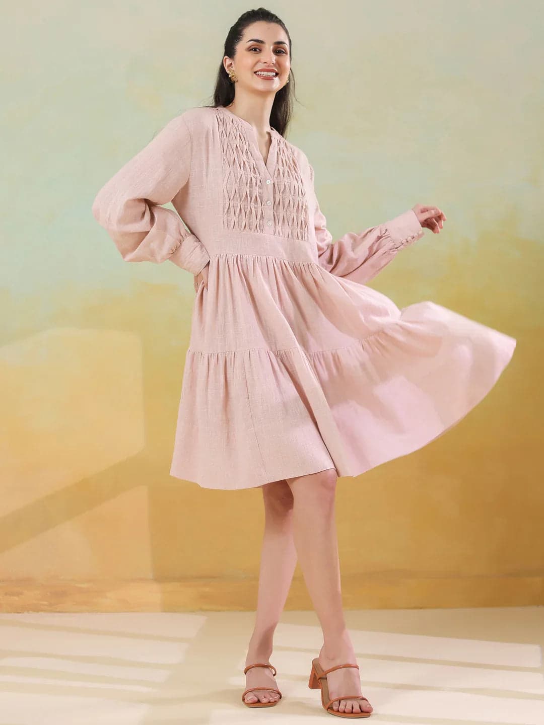 Gomachi Women's Pink Round Neck Solid Dress