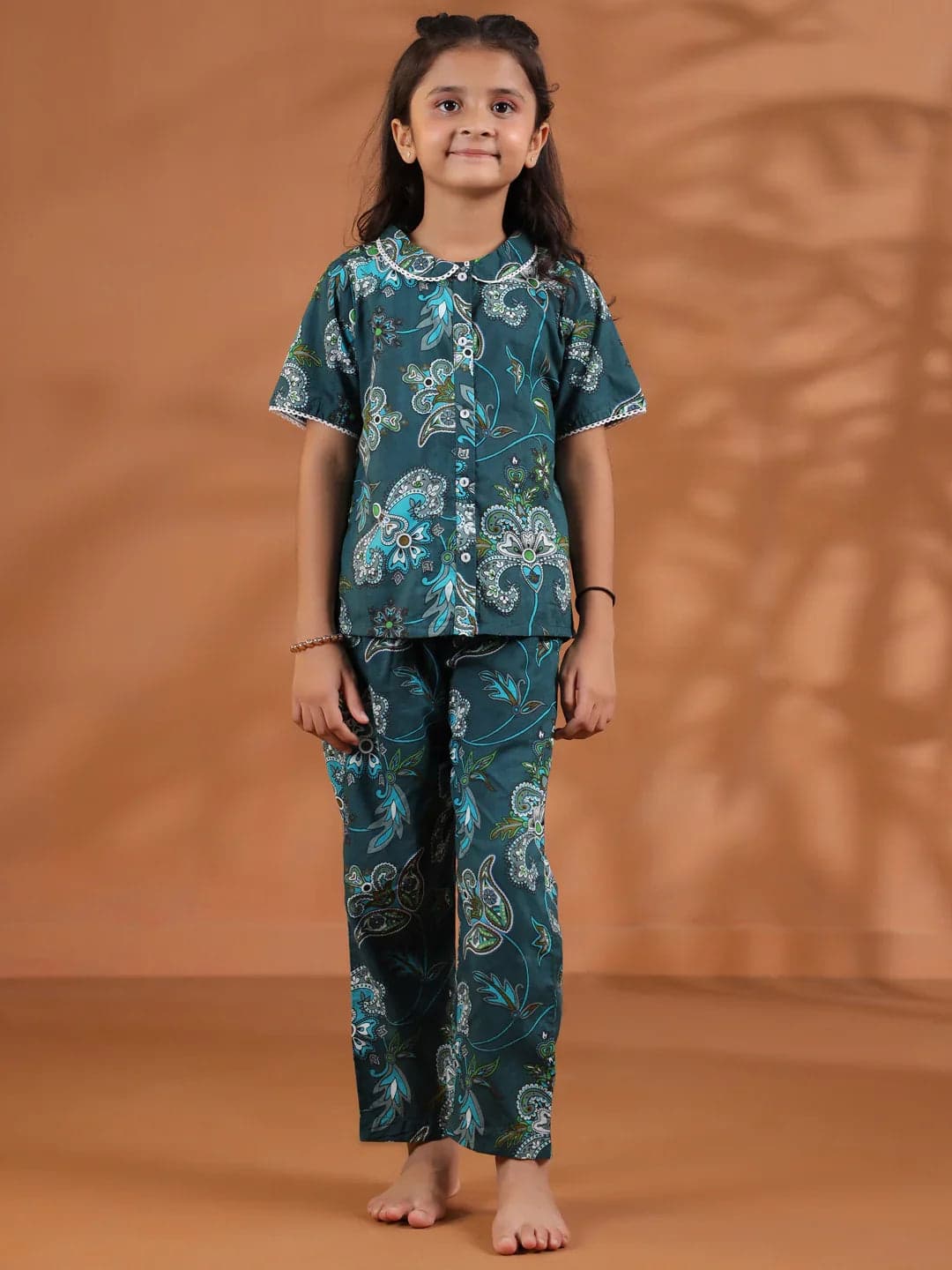 Gomachi Green Round Neck Floral Printed Kids Night Suit Set