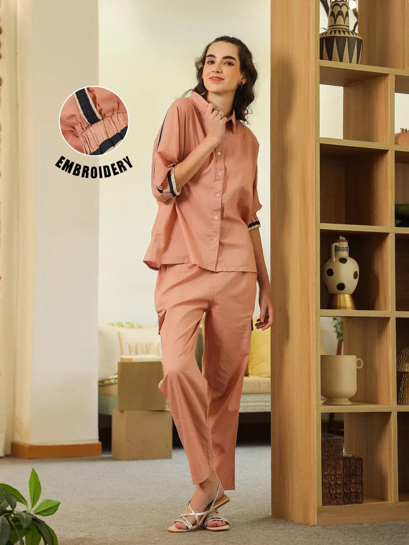 Gomachi Women's Peach Shirt Collar Pure Cotton Shirt Solid Co-Ord Set