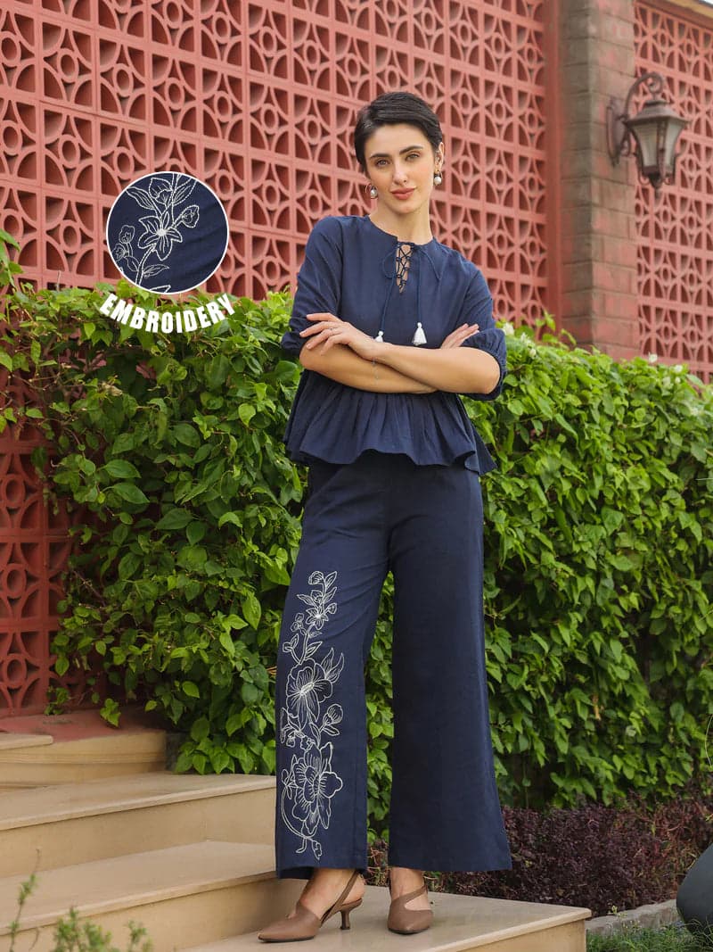 Gomachi Women's Blue Round Neck Pure Cotton Top Solid Co-Ord Set