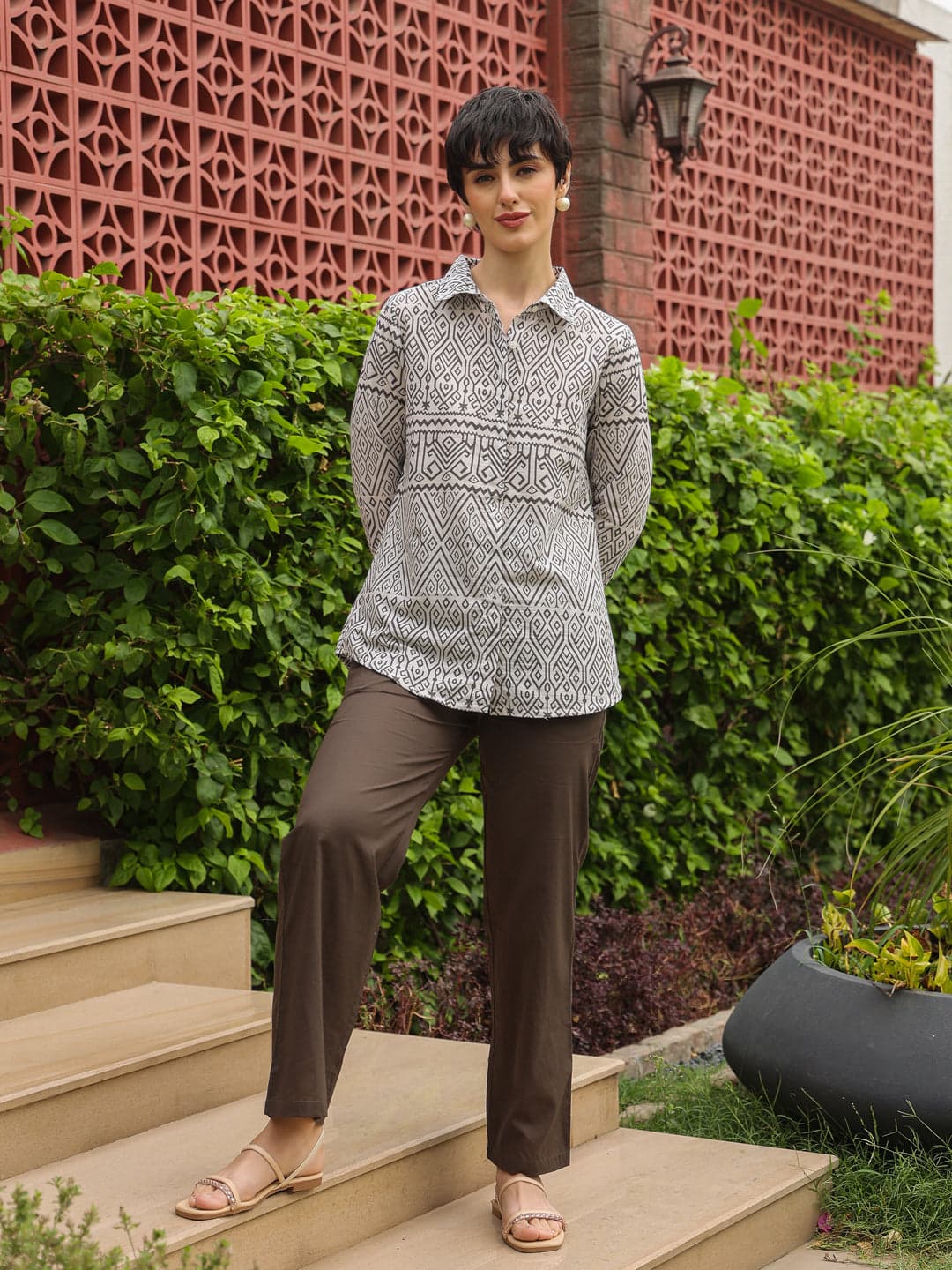Gomachi Women's White Shirt Collar Pure Cotton Shirt Printed Co-Ord Set