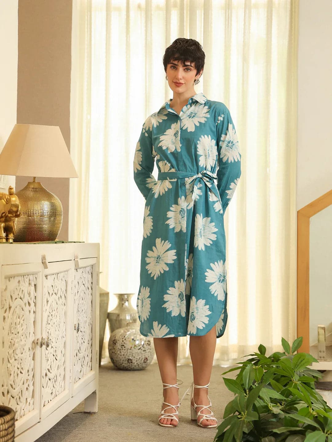 Gomachi Women's Blue Cotton Printed Shirt Collar Dress