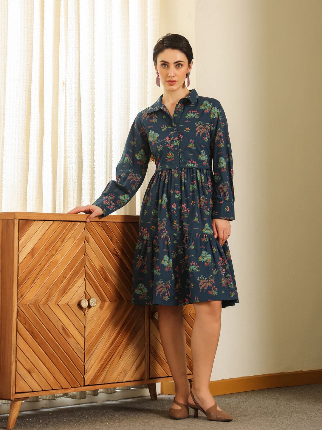 Gomachi Women's Navy Blue Cotton Printed Shirt Collar Dress