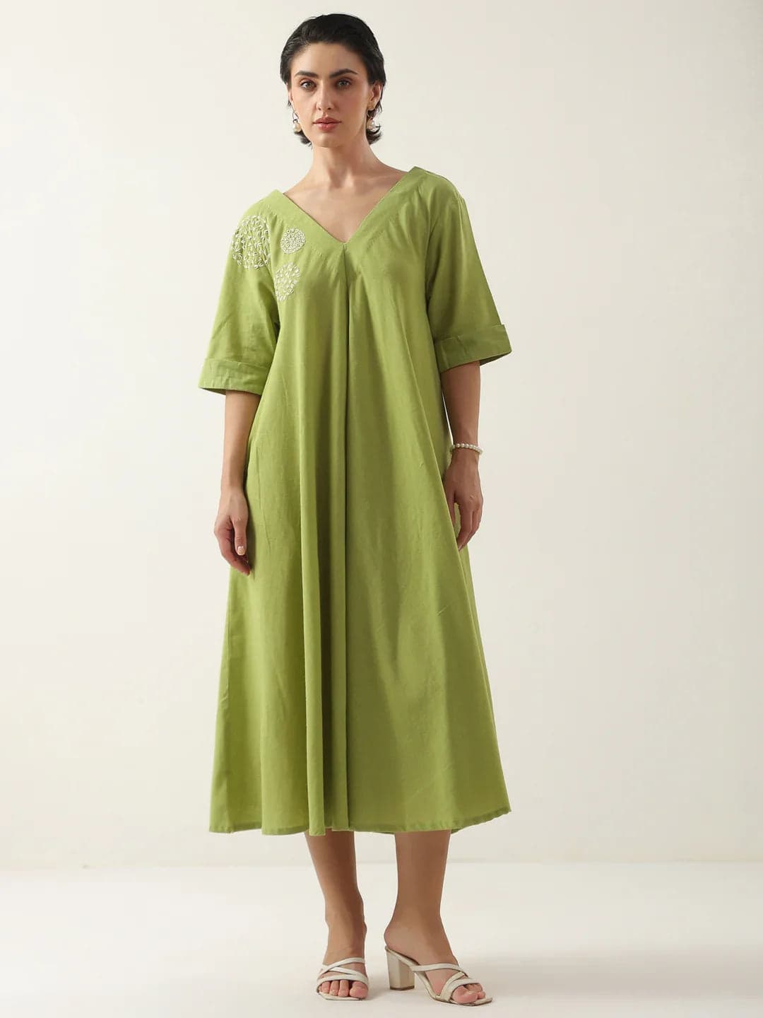 Gomachi Women's Lime Green V-Neck Cotton Dress