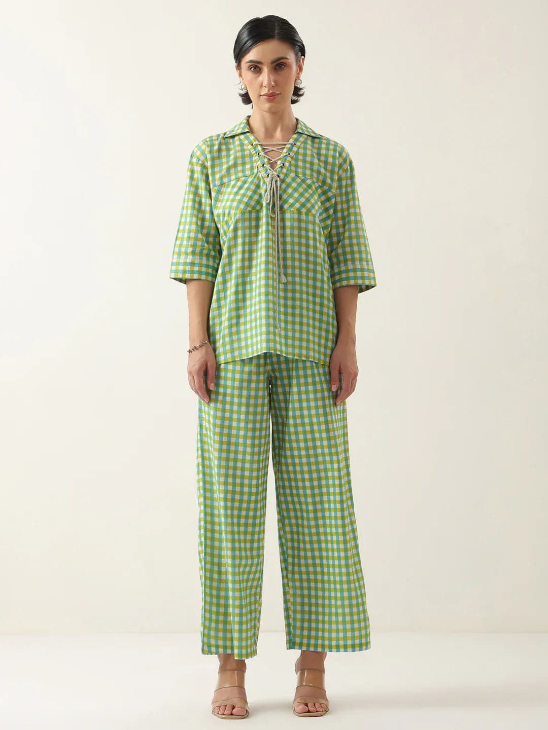 Gomachi Women's Green Color Check Printed Cotton Co-Ord Set