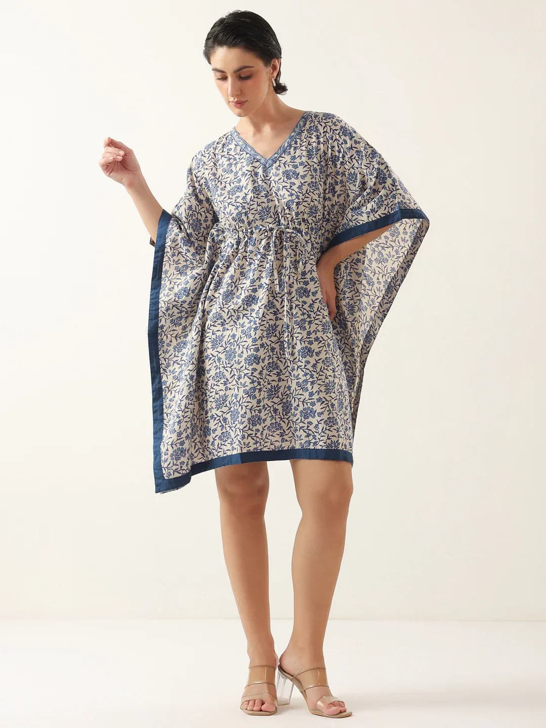 Gomachi Off White V-Neck Pure Cotton Kaftan Night Dress