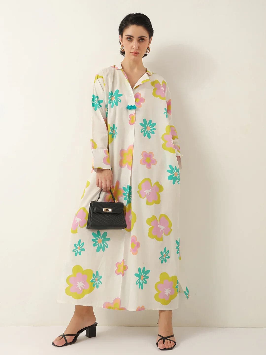 Gomachi Women's White Color Floral Shirt Collar Dress
