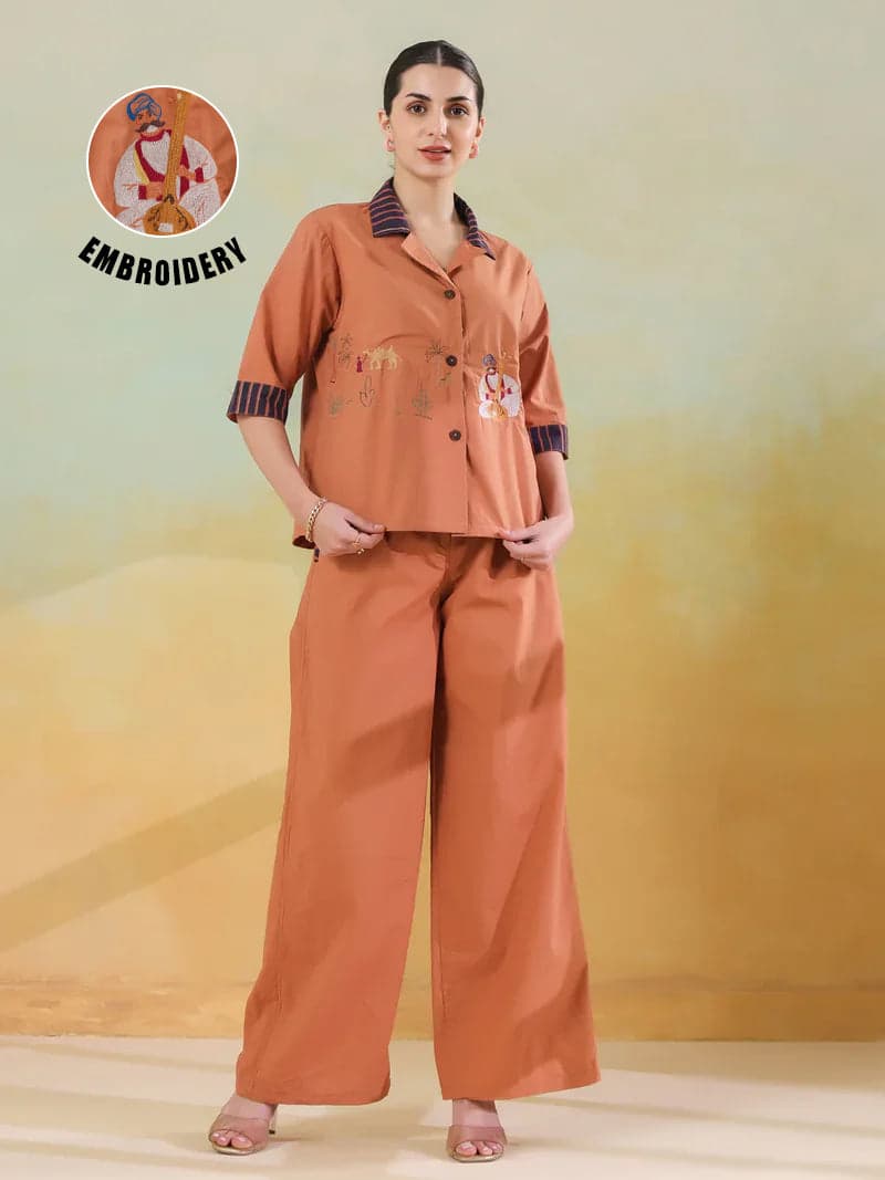 Gomachi Women's Brown Polyester Shirt Collar Co-Ord Set