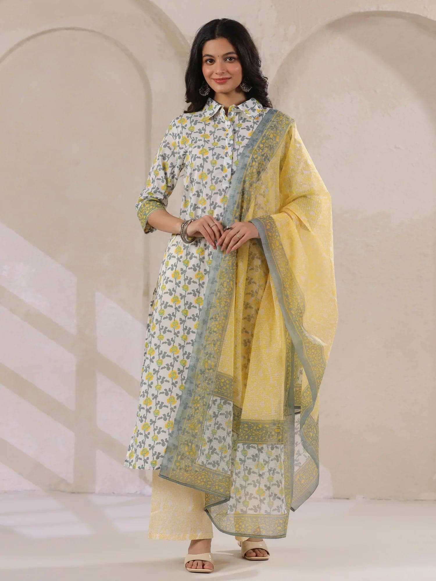 Gomachi Off White Cotton Kurta Set Yellow Flower Printed With Dupatta