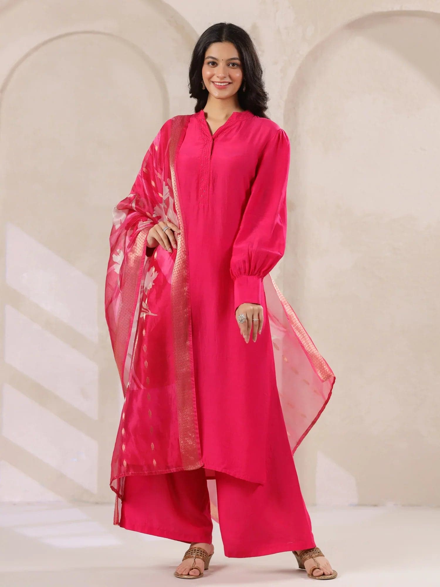 Gomachi Pink Straight Kurta With Palazzo Pants And Printed Dupatta