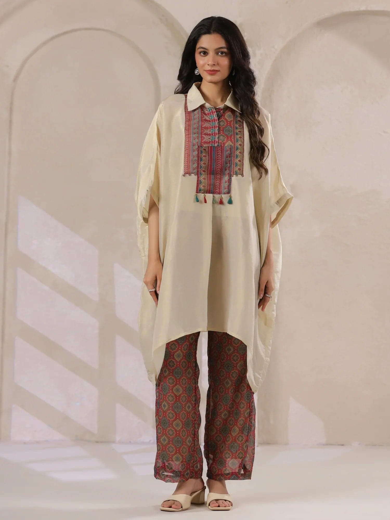 Gomachi Cream Kaftan Co-Ord Set With Embroidered And Printed Pants