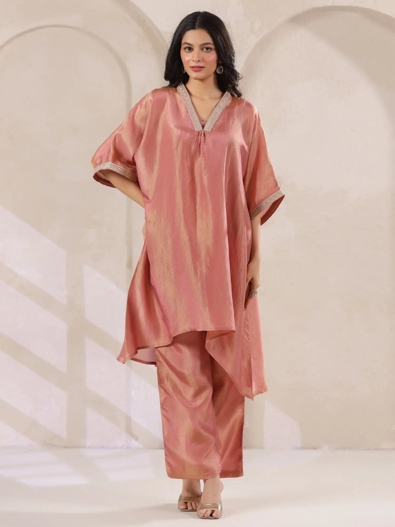 Gomachi Women's Rust Silk Blend Kaftan Co-Ord Set With Embellished