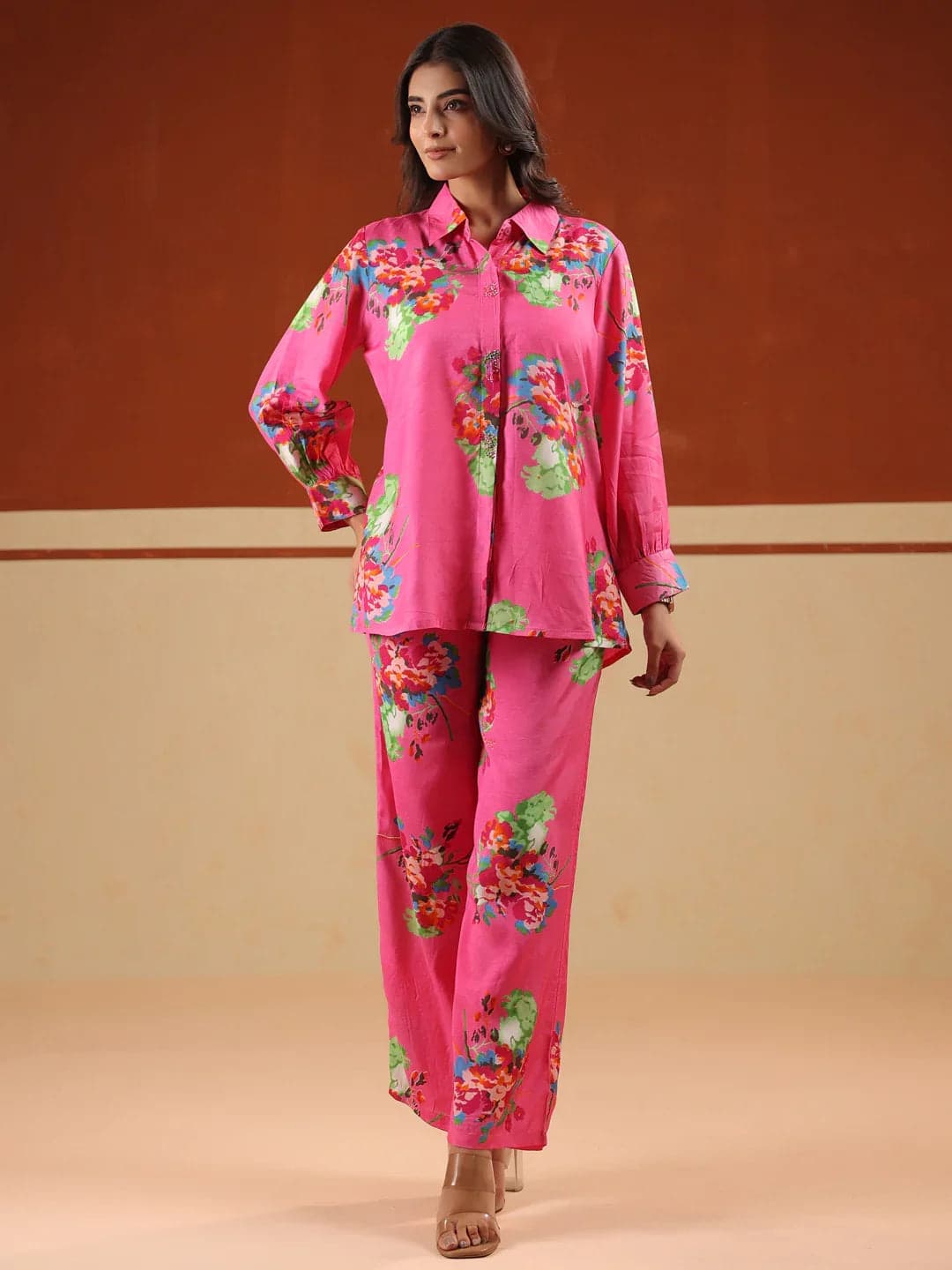 Gomachi Pink Floral Print Relaxed Shirt And Trousers Co-Ord Set
