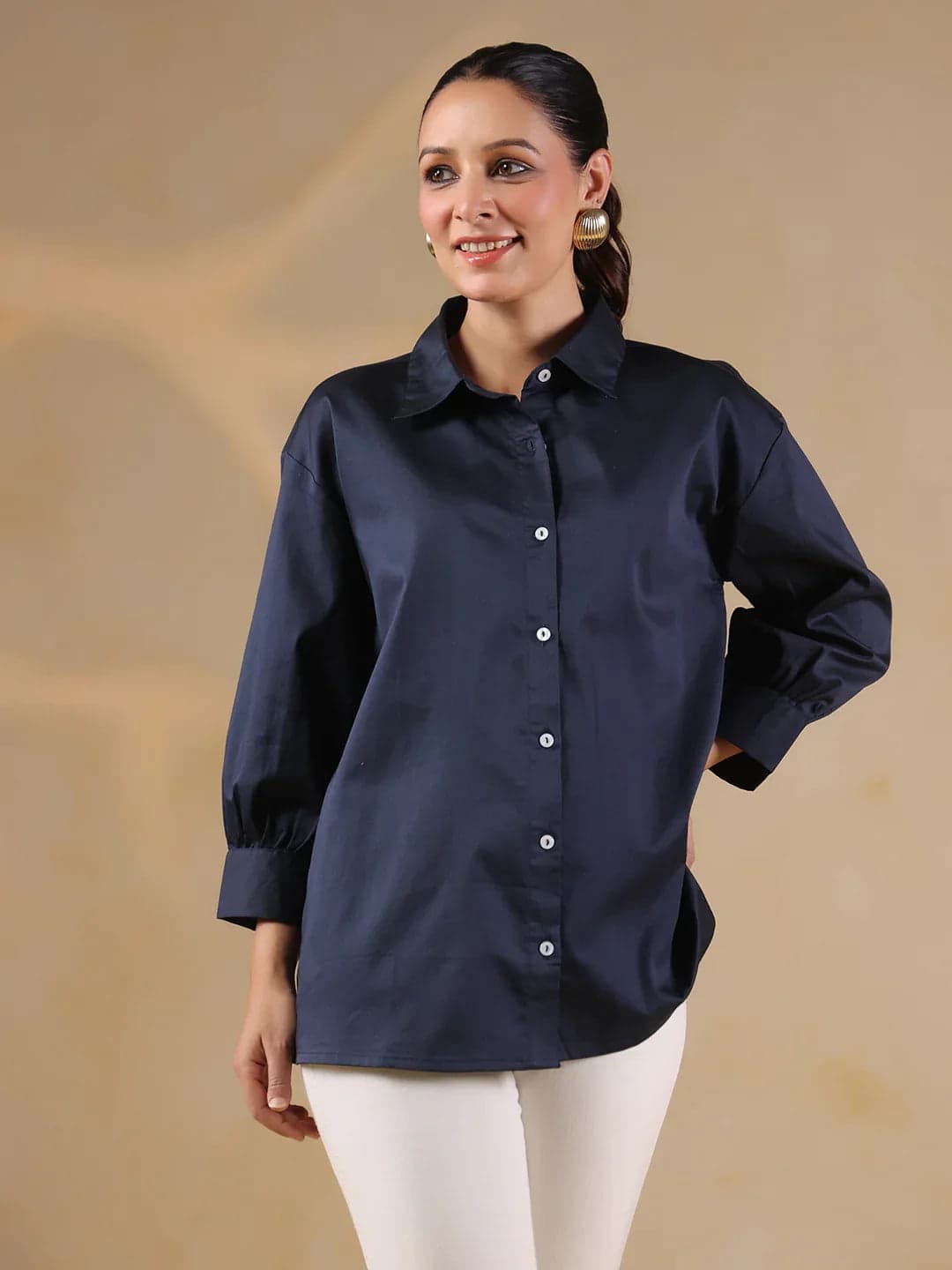 Gomachi Women's Navy Blue Shirt Collar Oversized Solid Women Shirt