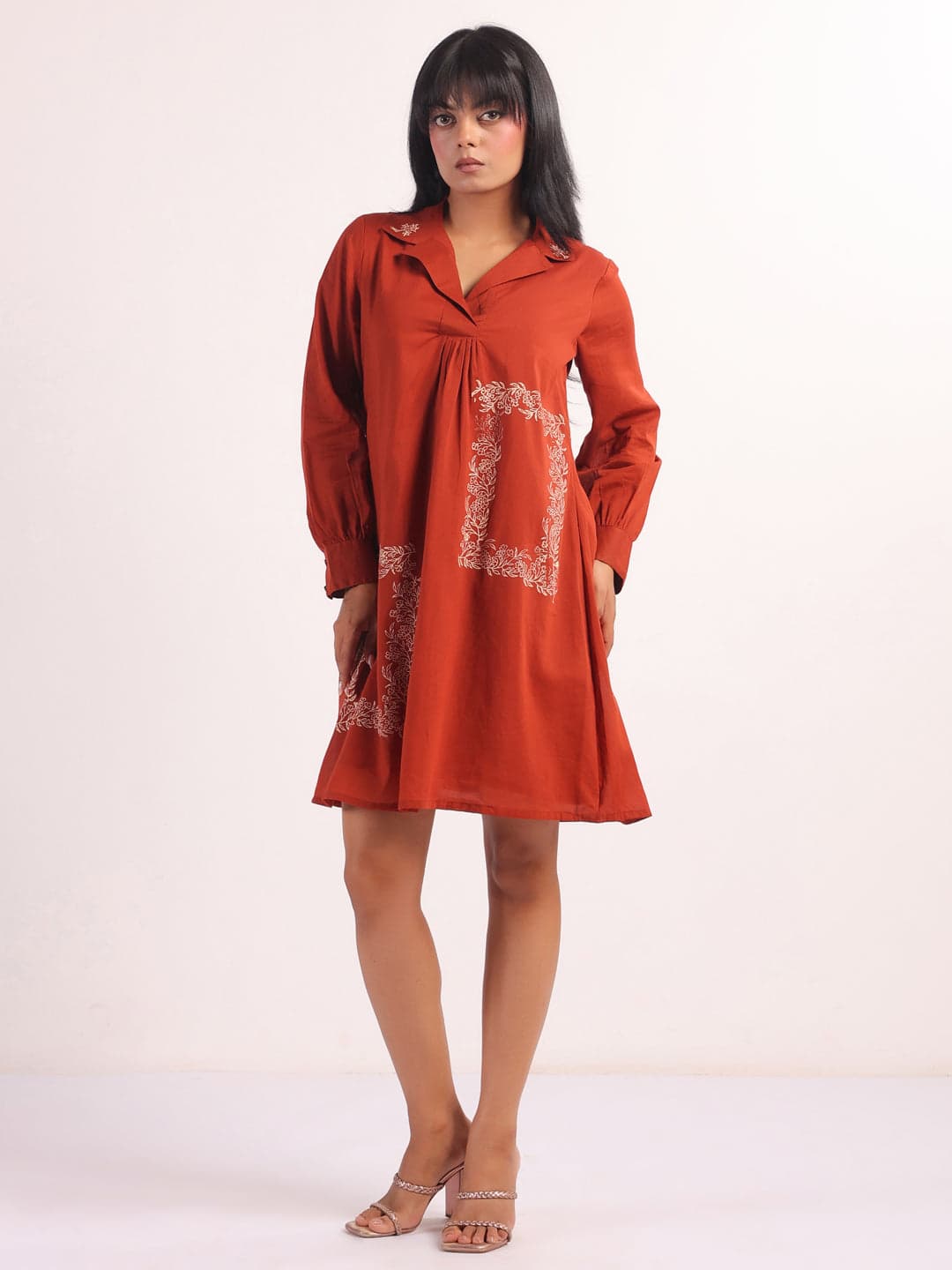 Gomachi Women's Rust Shoulder Straps Printed Flared Midi Dress