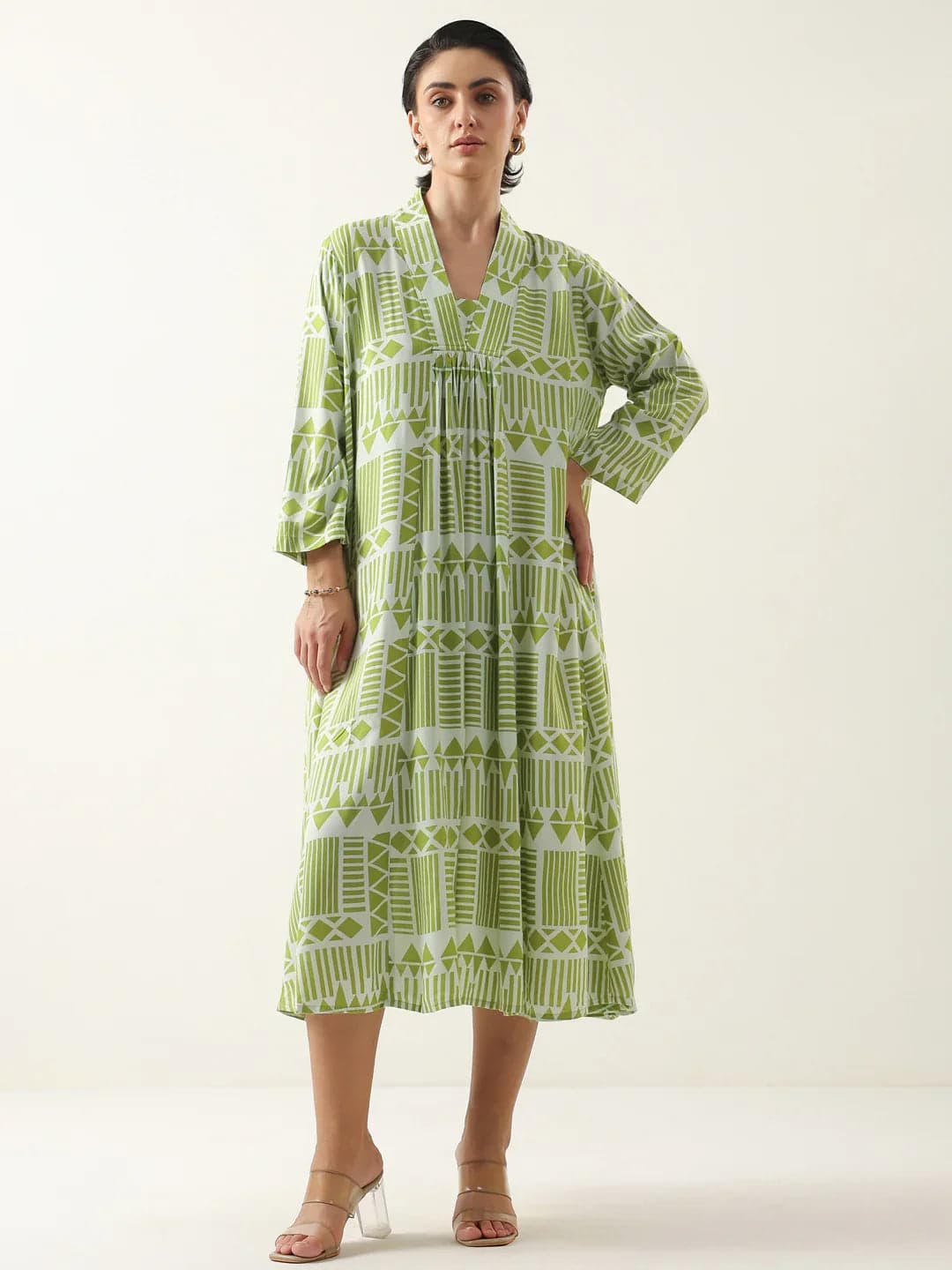 Gomachi Women's Green Geometric Print Viscose Rayon Dress