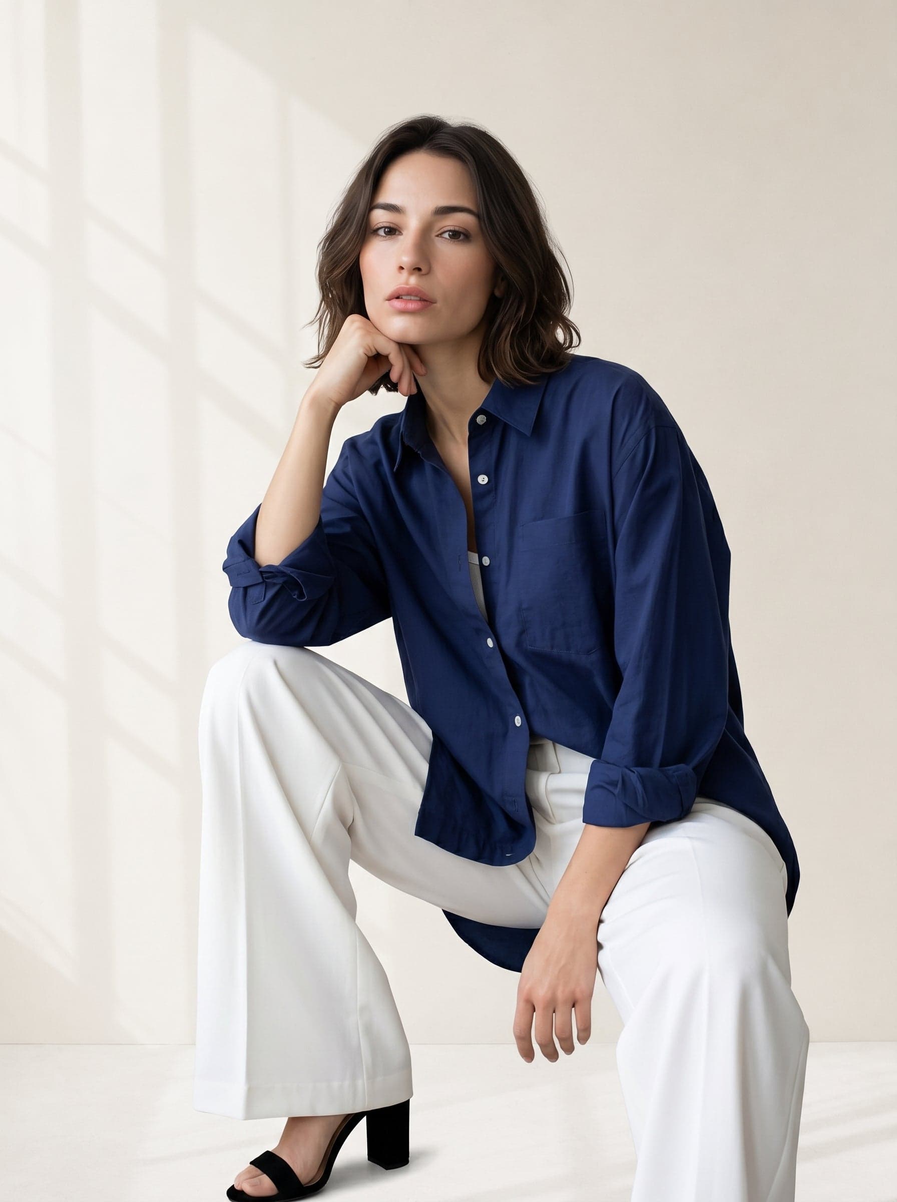 Gomachi Women's Blue Spread Collar Solid Casual Cotton Shirt